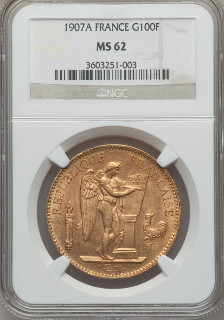 フランス　100フラン金貨　Republic gold 100 Francs 1907-A, KM858, MS62 NGC