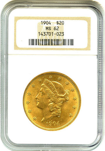 アンティークコイン　アメリカ　20ドル金貨リバティヘッド　　1904 ＄20 NGC MS62未使用品