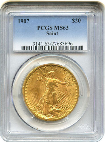 アンティークコイン　アメリカ　20ドル金貨セントゴーデンズ　1907 ＄20 PCGS MS63未使用
