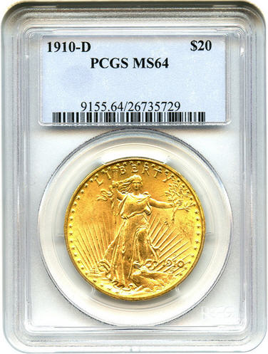 アンティークコイン　アメリカ　20ドル金貨セントゴーデンズ　1910-D ＄20 PCGS MS64未使用