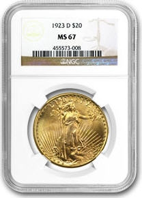 アンティークコイン　アメリカ　20ドル金貨セントゴーデンズ　1923-D ＄20 　　　　NGC MS67 未使用