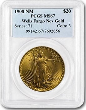 アンティークコイン　アメリカ　20ドル金貨セントゴーデンズ　1908 ＄20 PCGS MS67 No Motto 未使用