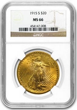 アンティークコイン　アメリカ　20ドル金貨セントゴーデンズ　1915-S ＄20 NGC MS66未使用