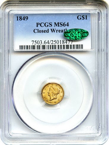 アンティークコイン アメリカ ゴールドダラー1ドル金貨 1849 G$1 PCGS/CAC MS64 (Closed Wreath) 未使用 売切れ