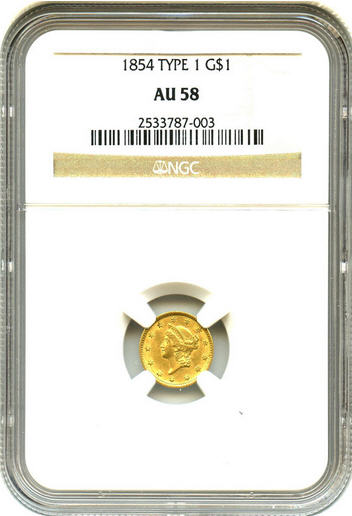 アンティークコイン アメリカ ゴールドダラー1ドル金貨 1854 G$1 NGC AU58 (Type 1)