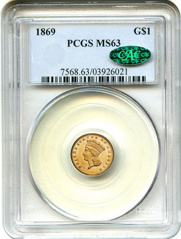 アンティークコイン アメリカ ゴールドダラー1ドル金貨 1869 G$1 PCGS/CAC MS63 タイプ3 売切れ