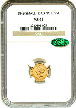 アンティークコイン アメリカ ゴールドダラー1ドル金貨 1849 No L G$1 NGC/CAC MS63タイプ1 (Small Head) 売切れ
