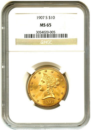 アンティークコイン　アメリカ　10ドル金貨リバティー　未使用　1907-S G＄10 NGC MS65