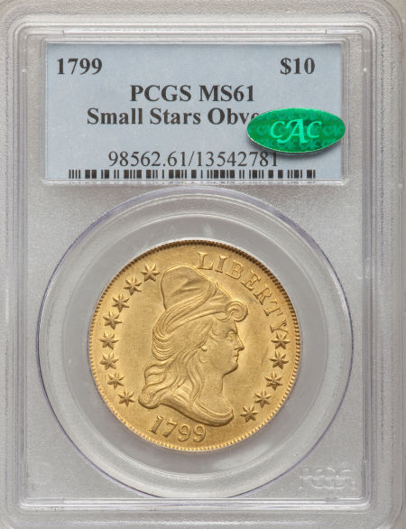 アンティークコイン　アメリカ　10ドル金貨ドレープドバスト1799 ＄10 Small Stars Obverse MS61 PCGS CAC
