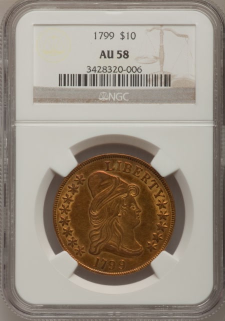 アンティークコイン　アメリカ　10ドル金貨ドレープドバスト1799 ＄10 Large Stars Obverse AU58 NGC