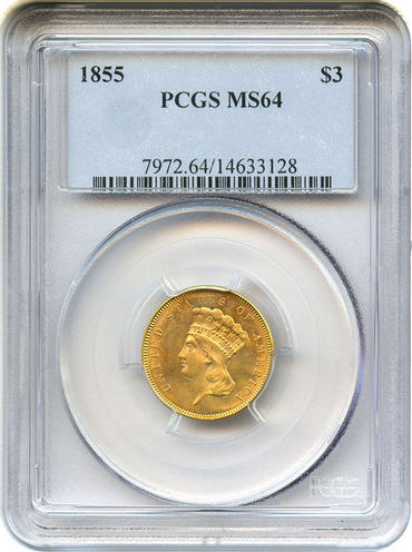 アンティークコイン アメリカ 3ドル金貨インディアンヘッド1854 $3 PCGS AU55 準未使用