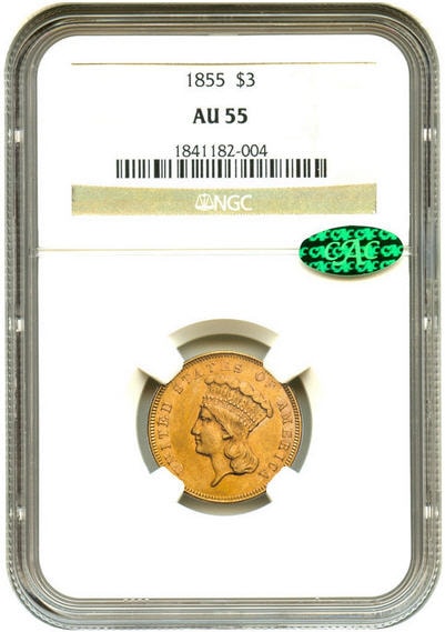 アンティークコイン アメリカ 3ドル金貨インディアンヘッド1855 $3 NGC/CAC AU55 準未使用