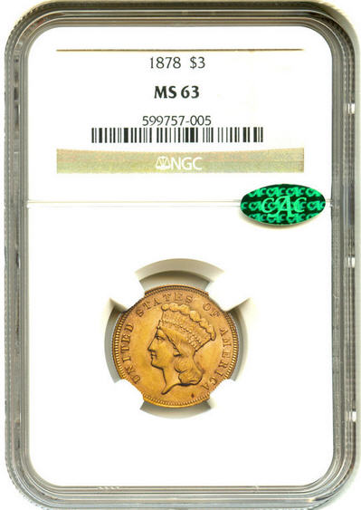 アンティークコイン アメリカ 3ドル金貨インディアンヘッド1878 $3 NGC/CAC MS63 未使用 売切れ