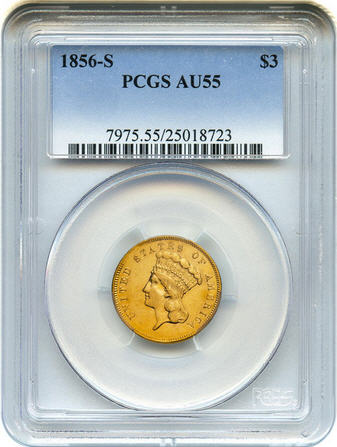 アンティークコイン アメリカ 3ドル金貨インディアンプリンスヘッド1856-S $3 PCGS AU55