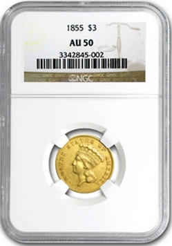 アンティークコイン アメリカ 3ドル金貨インディアンプリンスヘッド1855 AU-50 NGC