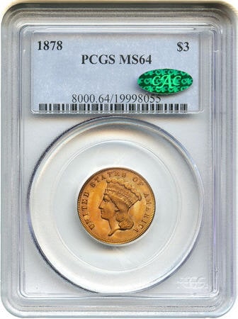 アンティークコイン アメリカ 3ドル金貨インディアンプリンスヘッド1878 $3 PCGS/CAC MS64