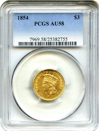 アンティークコイン アメリカ 3ドル金貨インディアンプリンスヘッド1854 $3 PCGS AU58 売切れ