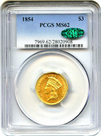アンティークコイン アメリカ 3ドル金貨インディアンプリンスヘッド1854 $3 PCGS/CAC MS62 売切れ