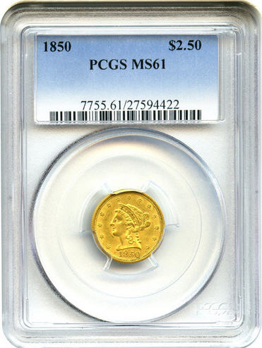 アンティークコイン　アメリカ　2.5ドル金貨 1850 ＄2 1/2 PCGS MS61 コロネットヘッド未使用品　売切れ