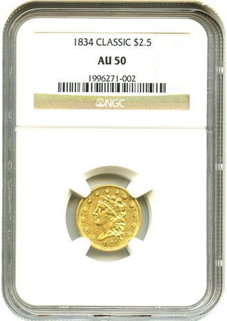 アンティークコイン　アメリカ　2.5ドル金貨 1834 ＄2 1/2 NGC AU50 クラシックヘッド　売切れ