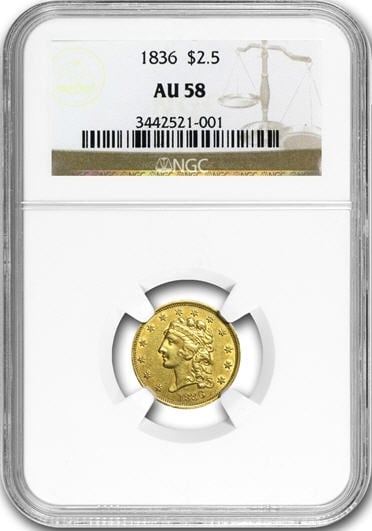 アンティークコイン　アメリカ　2.5ドル金貨 1836 ＄2 1/2 NGC AU58 Block 8 クラシックヘッド