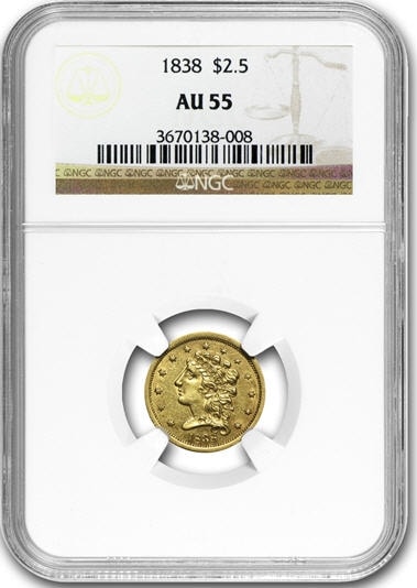 アンティークコイン　アメリカ　2.5ドル金貨 1838 ＄2 1/2 NGC AU55 クラシックヘッド