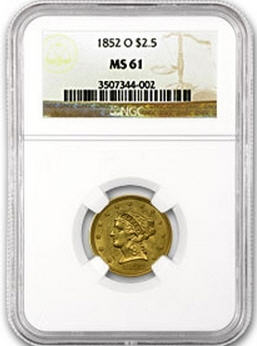 アンティークコイン　アメリカ　2.5ドル金貨 1852-O ＄2 1/2 NGC MS61リバティヘッド