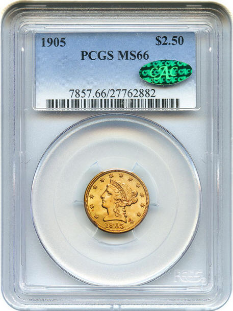 アンティークコイン　アメリカ　2.5ドル金貨 1905 ＄2 1/2 PCGS/CAC MS66リバティヘッド　売切れ