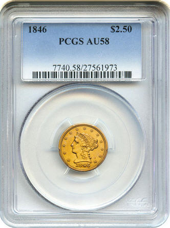 アンティークコイン　アメリカ　2.5ドル金貨 1846 ＄2 1/2 PCGS AU58リバティヘッド　売切れ