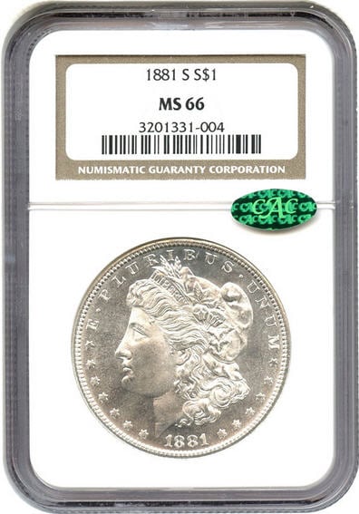 アンティークコイン　アメリカ　1ドル　モルガン銀貨1881-S ＄1 NGC/CAC MS66