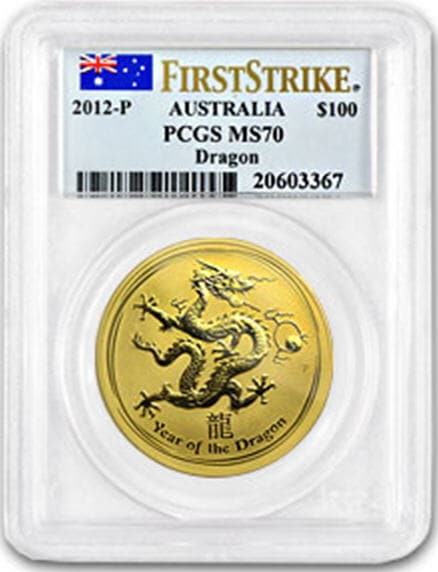 2012 オーストラリア　100ドル金貨　辰年 PCGS- First Strike　MS70未使用　