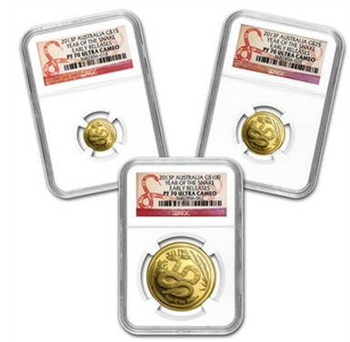 2013 オーストラリア　1.35オンス　100・25・15ドル金貨3枚セット　蛇年NGC PF70(ER)　未使用　