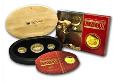 2009 オーストラリア　1.35オンス　100・25・15ドル金貨3枚セット　牛年　未使用　