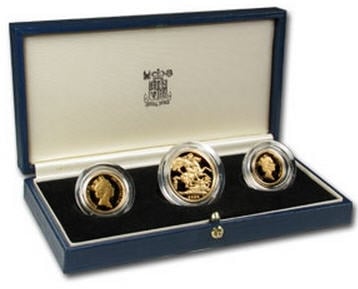 1988 3 Coin Gold 0.8241オンス（27.95グラム）ソブリンプルーフセット箱付き