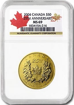 2004メイプルリーフ金貨25周年1オンス MS-69 NGC 新品未使用