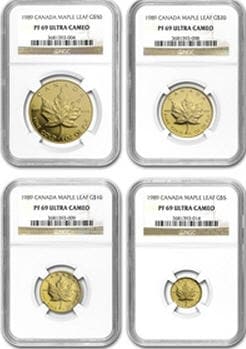 1989メイプルリーフ金貨4枚組コイン 1 1/2 1/4 1/10オンス NGC PF69 UCウルトラカメオ