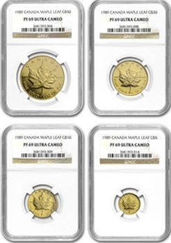 1989メイプルリーフ金貨4枚組コイン 1 1/2 1/4 1/10オンス NGC PF69 UCウルトラカメオ