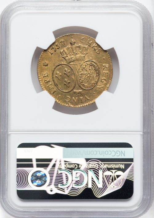 【レア度R1/R2】フランス 1758/7-COW年 ルイ15世 2ルイドール金貨 NGC-MS62