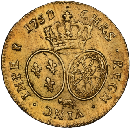 【レア度R1/R2】フランス 1758/7-COW年 ルイ15世 2ルイドール金貨 NGC-MS62
