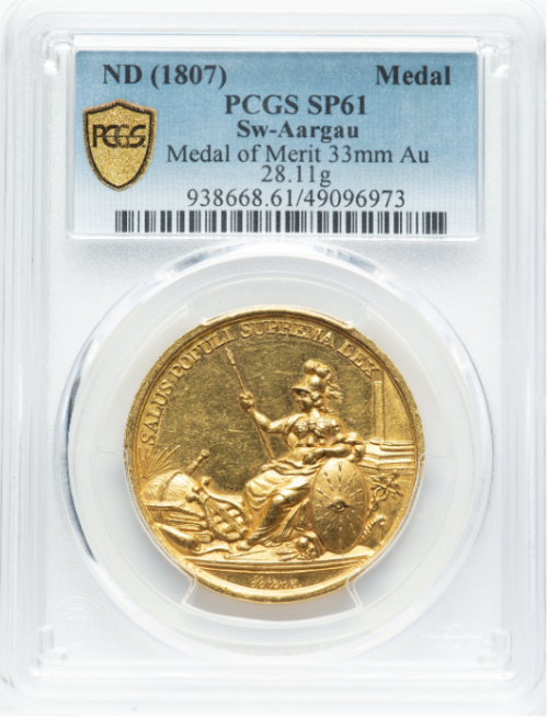 【動画あり】アンティークコイン スイス ND1807年 スイス・アールガウ州 金製標本「メリット勲章」メダル PCGS-SP61