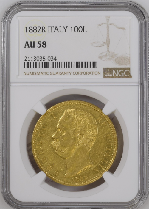 【動画あり】【レア度2-R2】アンティークコイン 1882年 イタリア ローマ ウンベルト1世 100リラ金貨 NGC-AU58