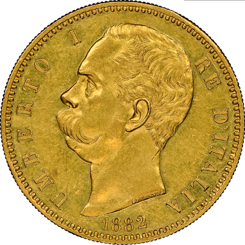 【動画あり】【レア度2-R2】アンティークコイン 1882年 イタリア ローマ ウンベルト1世 100リラ金貨 NGC-AU58
