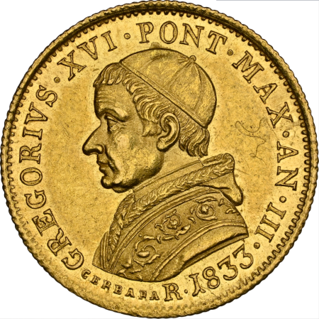 レア度3-R3】イタリア 1833-R年 グレゴリウス16世 1ドッピア金貨 NGC
