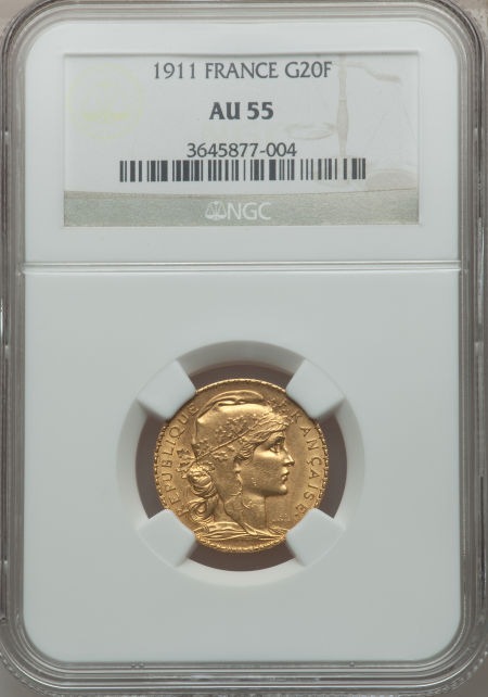 フランスRepublic gold 20 Francs 1911 (a), KM857, AU55 NGC
