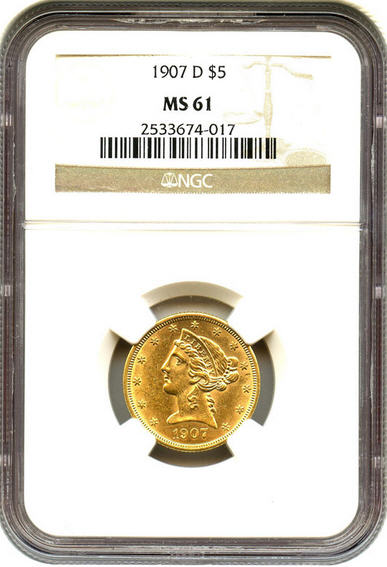 アンティークコイン アメリカ 5ドル金貨1907-D ＄5 NGC MS61リバティ