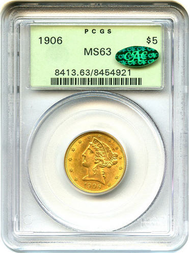 アンティークコイン アメリカ 5ドル金貨1906 ＄5 PCGS/CAC MS63 OGH
