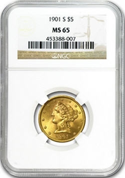 アンティークコイン アメリカ 5ドル金貨1901-S ＄5 NGC MS65リバティ