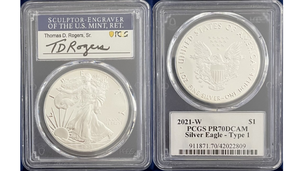 【トーマス・D・ロジャーズ サイン入り】アメリカ 1ドル Type1シルバーイーグル銀貨 2021-W年 PCGS-PR70 DCAM