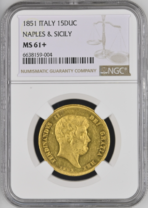 【動画あり】【レア度1-R1】イタリア 1851年 フェルディナンド2世 15ドゥカティ金貨 NGC-MS61+
