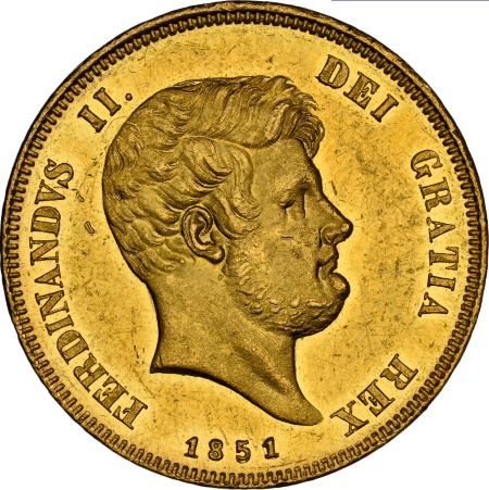 【動画あり】【レア度1-R1】イタリア 1851年 フェルディナンド2世 15ドゥカティ金貨 NGC-MS61+